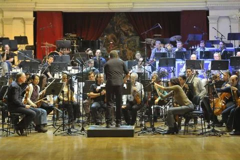  musicians and their instruments at a classical music orchestra rehearsal ... Stock Photos