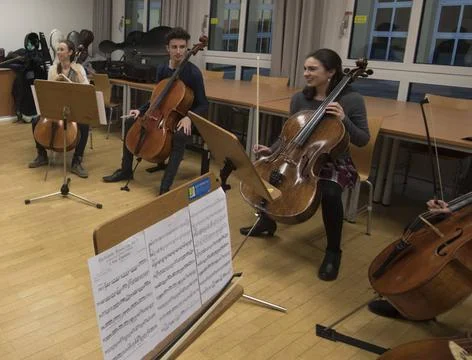  musicians and their instruments at a classical music orchestra rehearsal ... Stock Photos