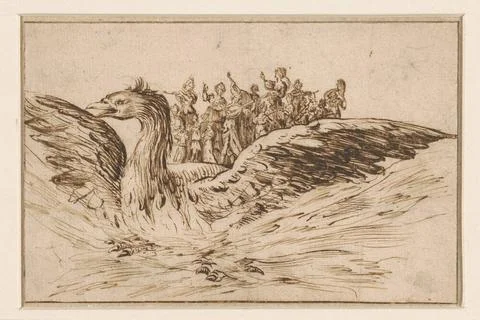 Musicians on the back of a large bird. A float in the form of a Phoenix, o... Foto stock