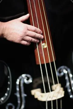 Musician's hand on the strings contrabass Foto stock