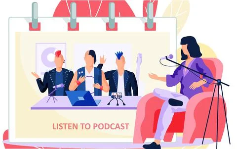 Musicians men give interviews, record a podcast, communicate remotely with a Illustrazione stock
