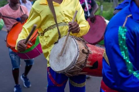 Musicians play percussion instruments during the Levada do Mastro processio.. Fotos Stock