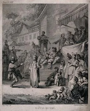 Musicians play their instruments as a dancer entertains a crowd of people g.. Ilustración de archivo