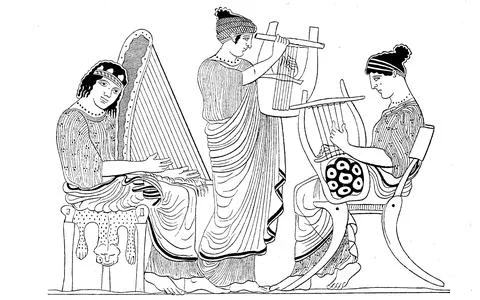 Musicians playing stringed instruments sambuka kithara and lyre Greek vase Stock Illustration