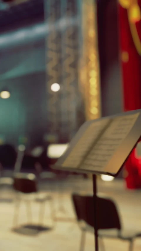 Musicians prepare for a performance in a theater with empty chairs Stock Footage 331707026