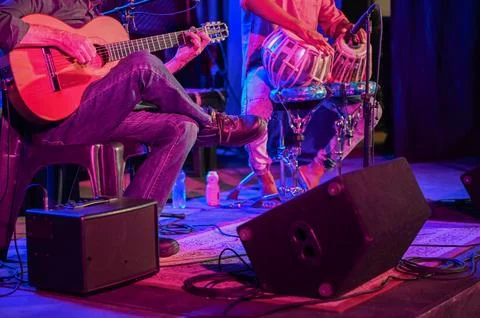 Musicians seen performing on stage Stock Photos