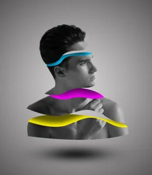 Musing reflective guy taking decision on background Stock Photos
