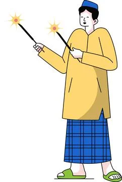 Muslim Boy Playing Firework for Ramadan/Eid Celebration Illustration Stock Illustration