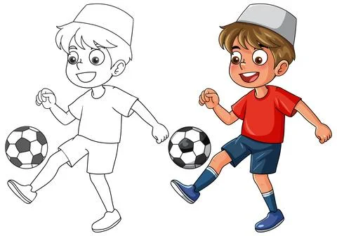 Muslim Boy Playing Soccer Vector Illustration with Coloring Page Version Stock Illustration