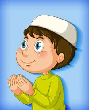 Muslim boy praying on colour gradient background Stock Illustration
