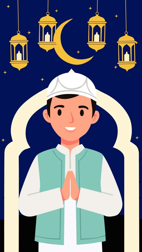 Muslim Boy Praying Under Crescent Moon Ramadan Night Scene Видео 331917489