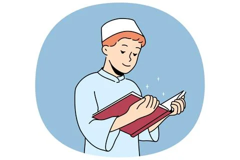 Muslim boy reads koran, comprehending basics islamic religion, dressed in イラスト素材