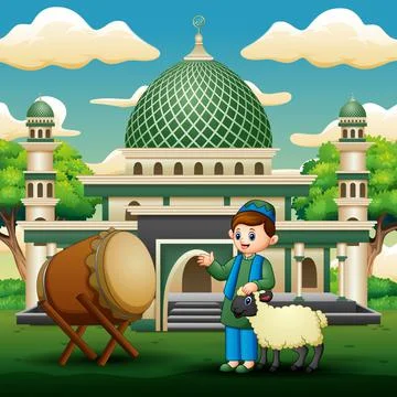 Muslim boy with a sheep in front the mosque Stock Illustration