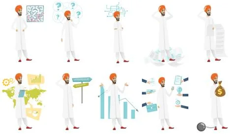 Muslim businessman vector illustrations set. 스톡 일러스트