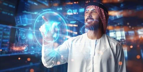 Muslim businessman working with floating data visualization screen Stock Photos
