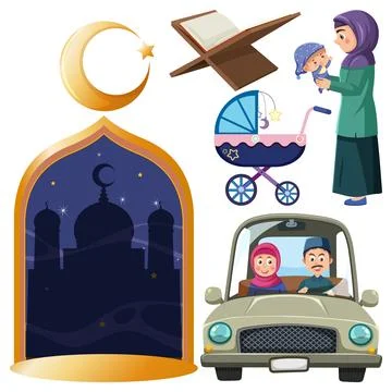 Muslim cartoon characters and objects vector Stock Illustration