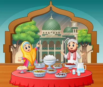 Muslim couple celebrating Eid in Iftar party Stock-Illustration