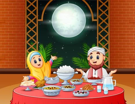 Muslim couple celebrating Eid in Iftar party Stock-Illustration