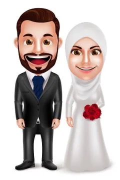 Muslim couple vector characters as bride and groom wearing hijab Stock Illustration