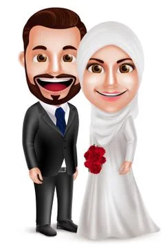 Muslim couple vector characters as bride and groom wearing white wedding dress Stock Illustration