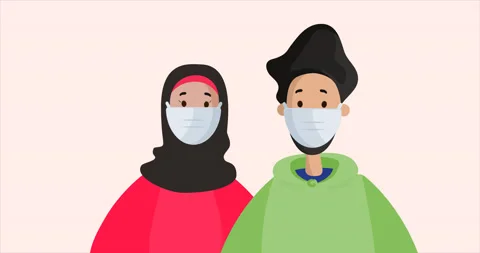 Muslim Couple Wearing Protective Face Masks Animation. Covid-19 global pandemic. Stock Footage 171594885