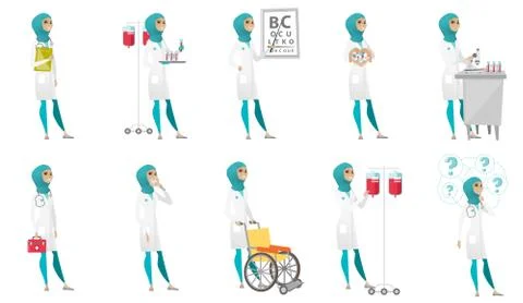 Muslim doctor vector illustrations set. Stock Illustration