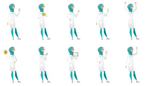 Muslim doctor vector illustrations set. Stock Illustration