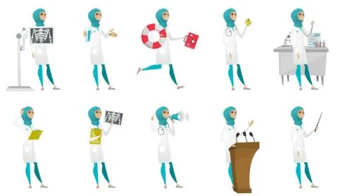 Muslim doctor vector illustrations set. Stock Illustration