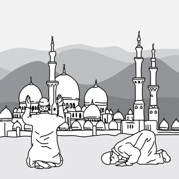 Muslim Doing Salah at the background of a mosque during Ramadan vector illust Stock Illustration