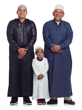 Muslim, family and portrait of men in studio for Islamic, prayer and bonding on Stock Photos