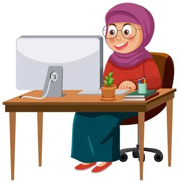 Muslim Girl Working at the Table Vector イラスト素材