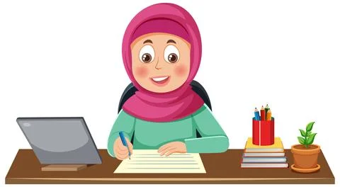 Muslim Girl Working at the Table Vector Stockillustratie