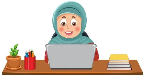 Muslim Girl Working at the Table Vector イラスト素材