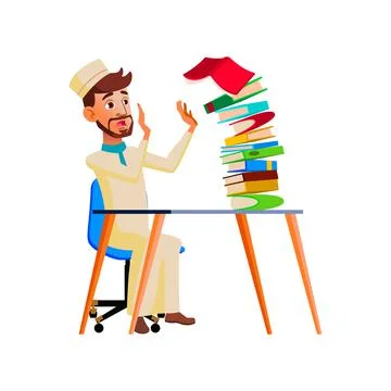 Muslim guy student scared from falling books cartoon vector Stock Illustration