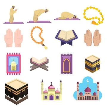 Muslim islam prayer vector clip art set with mosque, koran, hadj, kaaba, carp Illustrazione stock