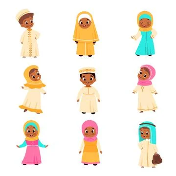 Muslim kids. Arabian children, happy islamic boys and girls in national clothes Stock Illustration