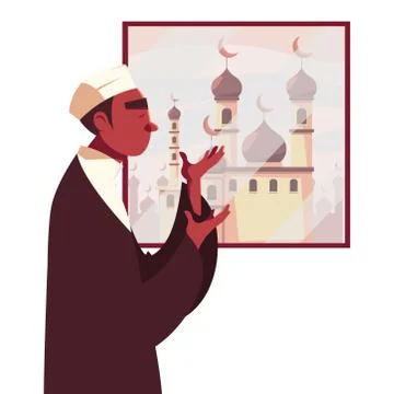 Muslim man praying in front of window with mosque vector design Illustrazione stock