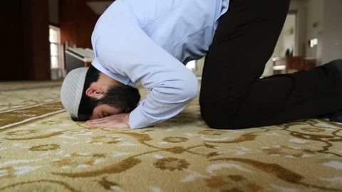 Muslim Man Praying in Prostration Inside Mosque Stock Footage 346475232