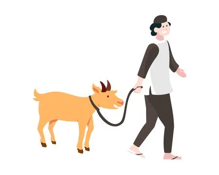 Muslim Man Pulling goat sheep for Sacrifice Islamic Festival Eid Al Adha Mu.. Stock Illustration