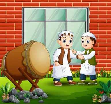Muslim man shaking hands for eid mubarak Stock Illustration