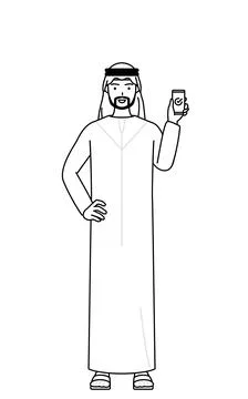 Muslim Man using a smartphone at work. Stock Illustration