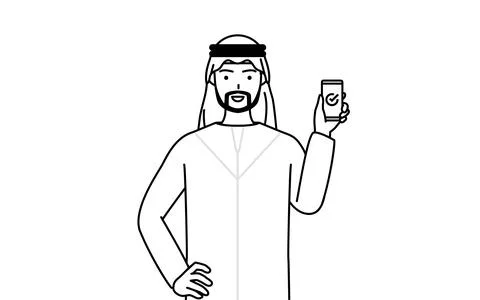 Muslim Man using a smartphone at work. Stock Illustration