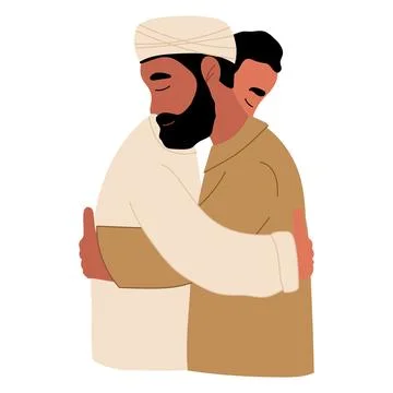 Muslim men hugging. Eid al Fitr Mubarak celebration. Traditional Muslim holid Stock Illustration