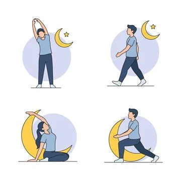Muslim People Doing Exercise and Yoga During Ramadan Night with Crescent Mo.. Illustrazione stock