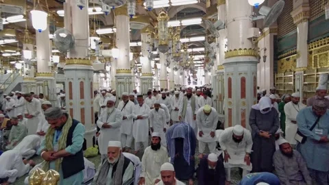 Muslim pilgrims pray inside 'rawda' area closest to Prop. Muhammad (pbuh) tomb. Stock Footage 318524719