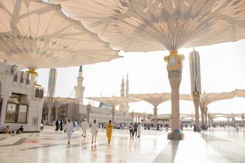 Muslim pilgrims visiting the beautiful Nabawi Mosque, the Prophet mosque Stock Photos