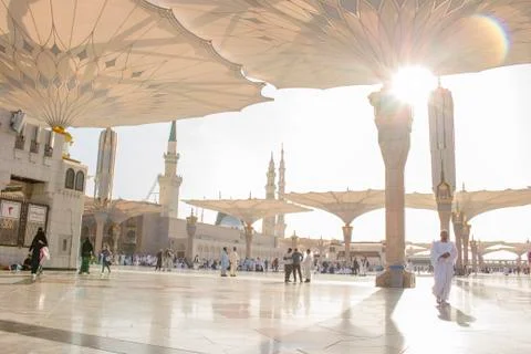 Muslim pilgrims visiting the beautiful Nabawi Mosque, the Prophet mosque Stock Photos