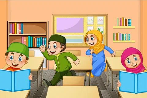 Muslim students in the classroom scene Stock Illustration