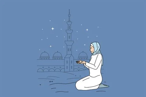 Muslim woman in traditional clothes pray near mosque Stock Illustration