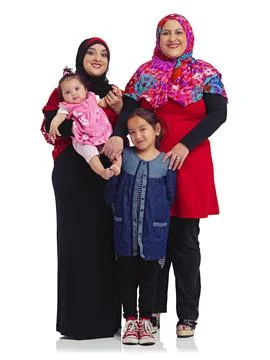 Muslim women, portrait and family with children in studio for Islam religion Stock Photos